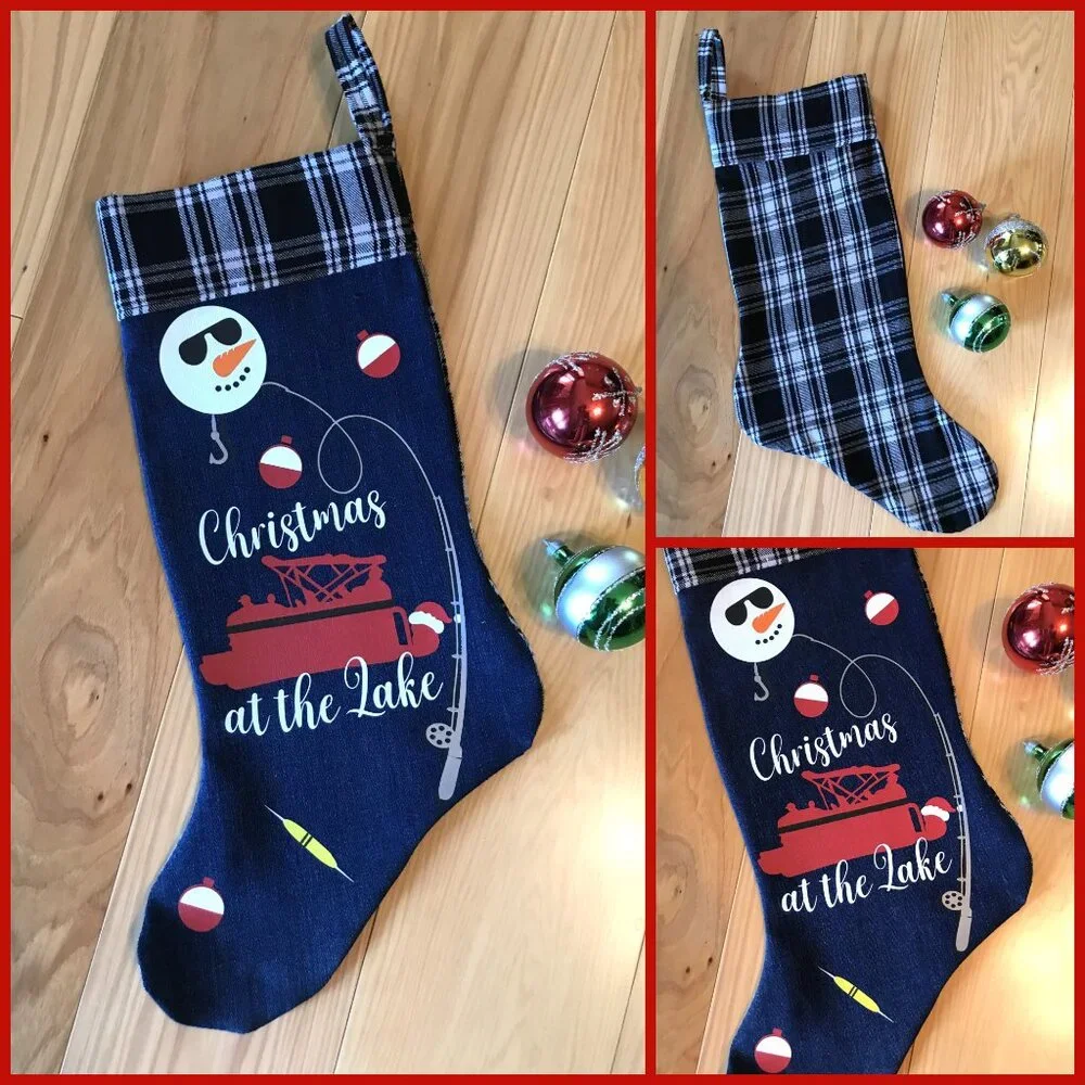 Handmade Denim Christmas Stocking, Lake House Fishing Decor Pontoon Boat S-M